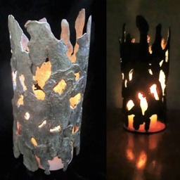 Trunk Bronze Work Of Art/ Pieces Plane-Tree Bark/ Used As Christas Card/ Grey-Green Hollow Trunk/Nice With Candle/22-10 cm - thumbnail 4