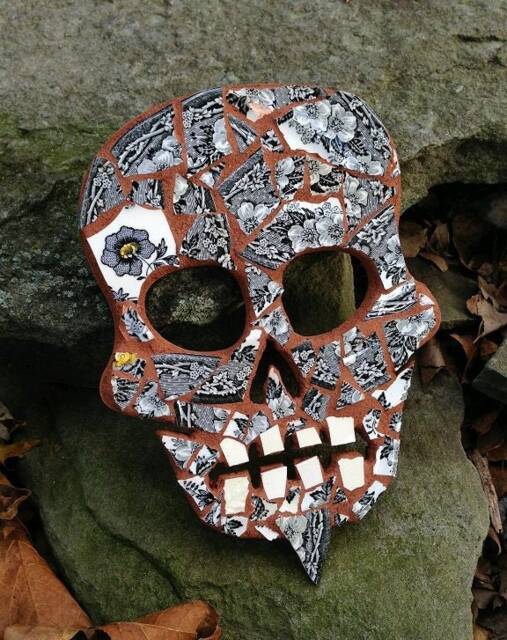 Goatee Skull Antique Black & White China Broken Mosaic Wall Art Decor Sugar Dishfunctional Designs - image 1