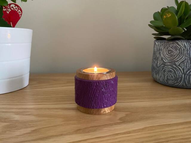 Decorative Tea Light Candle Holder Made From Irish Ash With A Textured & Coloured Band. Sizes 60mm High X 70mm Diameter - image 1
