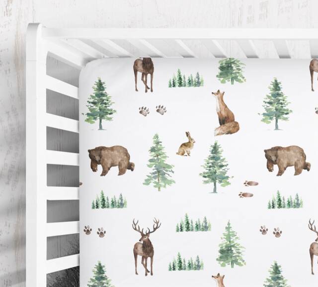 Woodland Nursery Crib Sheet Forest Animals, Buck, Bear, Fox - image 1