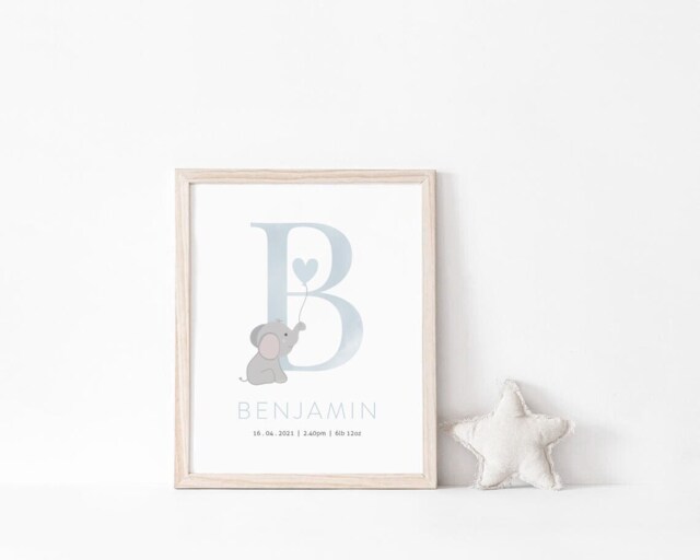 Personalised Name Blue Grey Elephant Print, Baby Boy, Nursery Prints, Boys Bedroom, Christening Gift, Neutral Nursery, Wall Art, New - image 1
