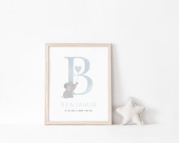 Personalised Name Blue Grey Elephant Print, Baby Boy, Nursery Prints, Boys Bedroom, Christening Gift, Neutral Nursery, Wall Art, New - thumbnail 1