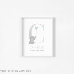 Personalised Name Blue Grey Elephant Print, Baby Boy, Nursery Prints, Boys Bedroom, Christening Gift, Neutral Nursery, Wall Art, New - thumbnail 2
