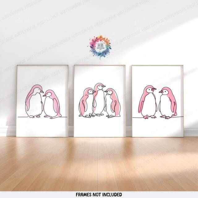 Pink Minimal Penguin Prints - Set Of 3 Posters - Line Drawing Decor Print Animal Wall Art Wildlife Gift Minimalist Picture Penguins - image 1