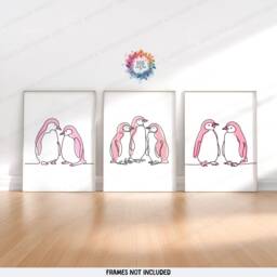 Pink Minimal Penguin Prints - Set Of 3 Posters - Line Drawing Decor Print Animal Wall Art Wildlife Gift Minimalist Picture Penguins - thumbnail 1