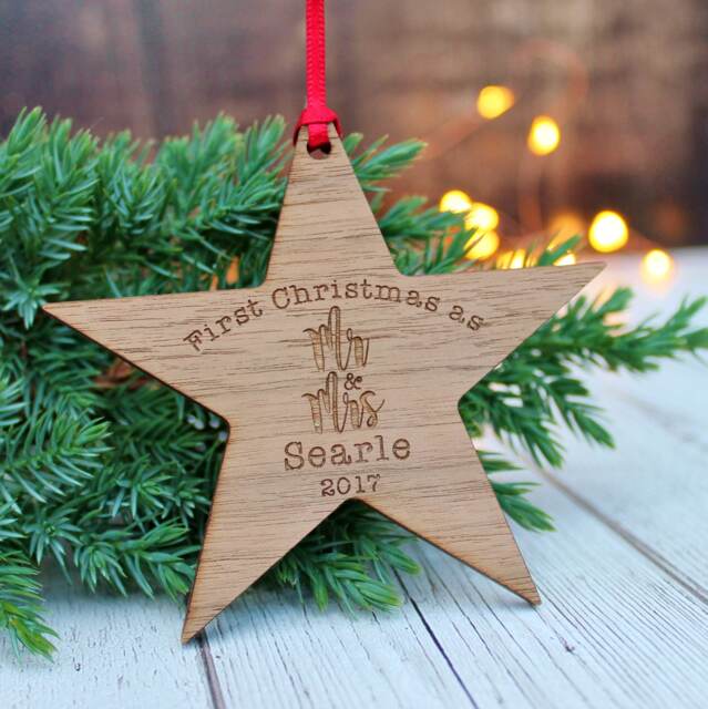 Personalised Mr & Mrs First Christmas Wooden Decoration - image 1