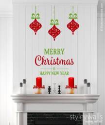 Merry Christmas Wall Decal, Holiday Ornament Decal Sticker, Decor, Balls Happy New Year Sticker - thumbnail 1