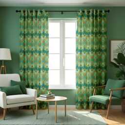 Teal & Orange Retro Curtains, Mid Century Modern Leaf Pattern Drape, Classic Geometric Style Custom Made Window Panel, Rod Pocket Curtains - thumbnail 2