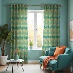 Teal & Orange Retro Curtains, Mid Century Modern Leaf Pattern Drape, Classic Geometric Style Custom Made Window Panel, Rod Pocket Curtains - thumbnail 1