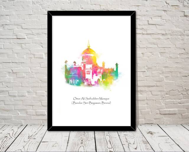 Brunei Art Omar Ali Saifuddien Mosque Islamic Watercolour Illustration Prints Islamic Wall Gifts Muslim Islam