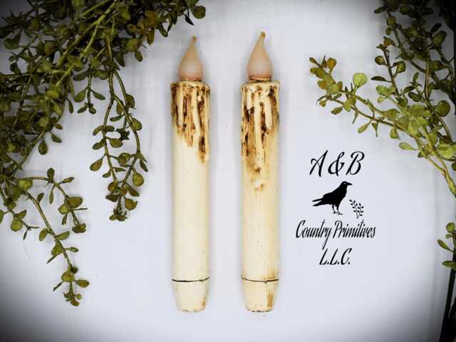 Set Of - 2 Two Grungy Off-White 7 Inch Led Wax Dipped Taper Candles With Timer, Battery Operated Candles, Country Primitive Home Decor - image 1