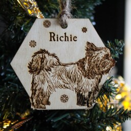 Yorkie Personalised Wooden Bauble Yorkshire Terrier Ornament Dog Name Breed Gift Quirky Rustic Laser Wood Burned Ornate Love Decoration - thumbnail 3
