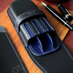 Black Sapphire Leather 3 Pen Case Luxury Personalized Fountain Holder - thumbnail 2