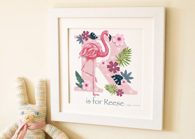 Pink Flamingo Letter Illustration Children Initial Tropical Art Print Picture Frame Personalised Name Painting Nursery Decor New Baby Gift - image 1