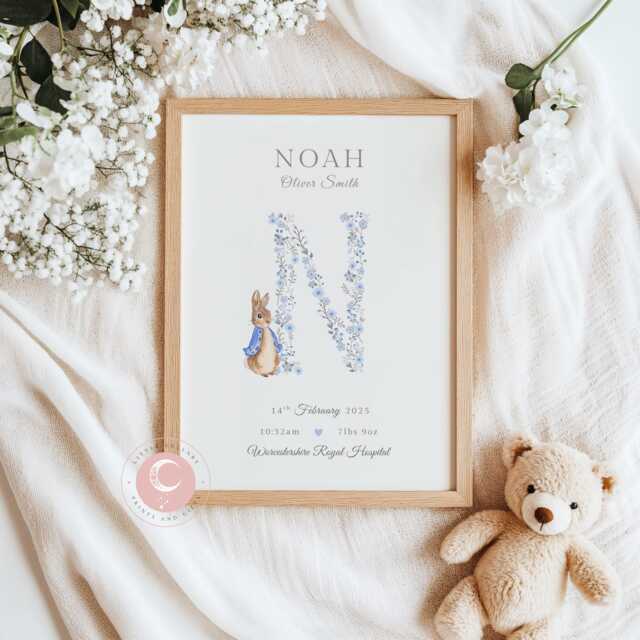 Personalised Peter Rabbit Baby Birth Details Print - New Boy Girl Gift Newborn Keepsake Pink Blue Stats Christening - image 1