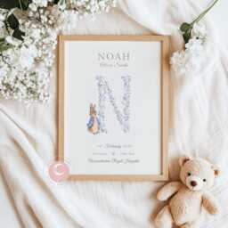 Personalised Peter Rabbit Baby Birth Details Print - New Boy Girl Gift Newborn Keepsake Pink Blue Stats Christening - thumbnail 1