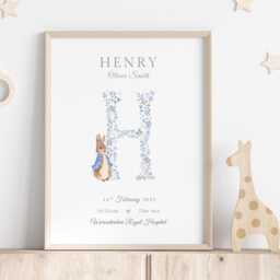 Personalised Peter Rabbit Baby Birth Details Print - New Boy Girl Gift Newborn Keepsake Pink Blue Stats Christening - thumbnail 3