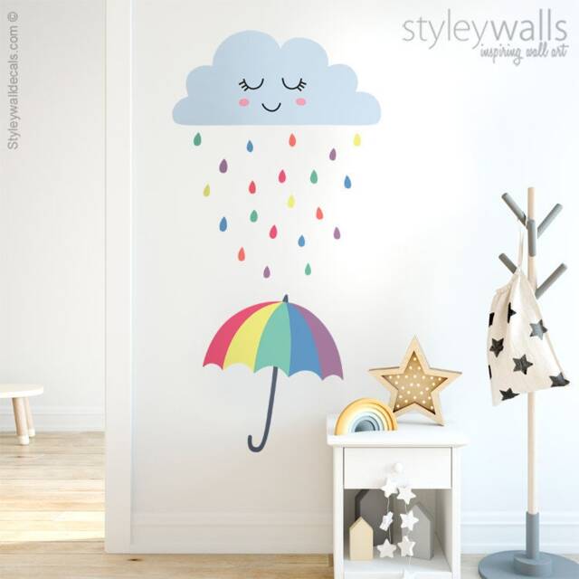 Cloud Wall Decal, Raindrops Weather Rain Drops Umbrella Smiley Sticker, Clouds Nursery Decor - image 1