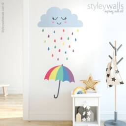 Cloud Wall Decal, Raindrops Weather Rain Drops Umbrella Smiley Sticker, Clouds Nursery Decor - thumbnail 1