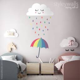Cloud Wall Decal, Raindrops Weather Rain Drops Umbrella Smiley Sticker, Clouds Nursery Decor - thumbnail 3