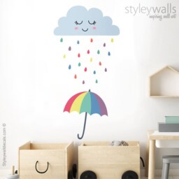 Cloud Wall Decal, Raindrops Weather Rain Drops Umbrella Smiley Sticker, Clouds Nursery Decor - thumbnail 2