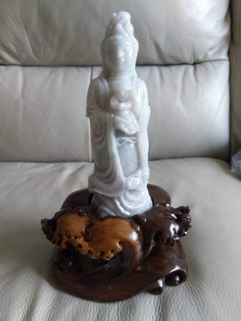 Guan Yin Jadeite Jade Statue With Wooden Base, Guanyin & Baby, Natural Grade A Type Jade, Burma Gemstones, Jadeiteroom Etsy - image 1