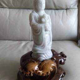 Guan Yin Jadeite Jade Statue With Wooden Base, Guanyin & Baby, Natural Grade A Type Jade, Burma Gemstones, Jadeiteroom Etsy - thumbnail 2