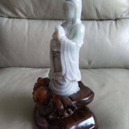 Guan Yin Jadeite Jade Statue With Wooden Base, Guanyin & Baby, Natural Grade A Type Jade, Burma Gemstones, Jadeiteroom Etsy - thumbnail 4