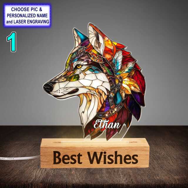 Personalized Colorful Wolf Acrylic Night Light With Name Engraving, Beech Wood Led Lamp, Custom Laser Engraved Gift - image 1