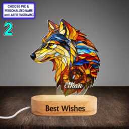 Personalized Colorful Wolf Acrylic Night Light With Name Engraving, Beech Wood Led Lamp, Custom Laser Engraved Gift - thumbnail 2
