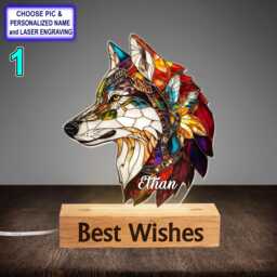 Personalized Colorful Wolf Acrylic Night Light With Name Engraving, Beech Wood Led Lamp, Custom Laser Engraved Gift