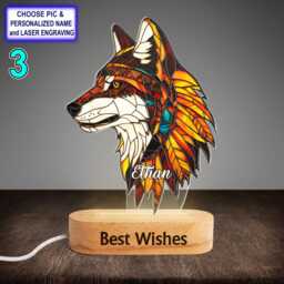 Personalized Colorful Wolf Acrylic Night Light With Name Engraving, Beech Wood Led Lamp, Custom Laser Engraved Gift - thumbnail 3
