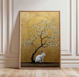 Japanese Rabbit Print, Cherry Blossom Moon Poster, White Bunny Wall Art, Gold Lunar Animal Decor, Minimalist Zen Print - thumbnail 1