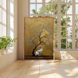 Japanese Rabbit Print, Cherry Blossom Moon Poster, White Bunny Wall Art, Gold Lunar Animal Decor, Minimalist Zen Print - thumbnail 3
