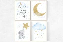 Elephant Nursery Print Blue, Gold Stars & Clouds Wall Art - thumbnail 1