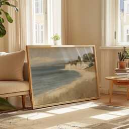 Coastal Landscape Poster, Blue Seascape Wall Art, Soft Beach Painting - thumbnail 4