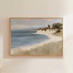 Coastal Landscape Poster, Blue Seascape Wall Art, Soft Beach Painting - thumbnail 1