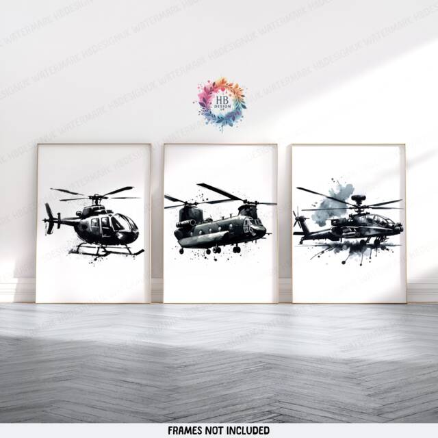 Black Helicopter Prints - Set Of 3 - Boys Bedroom Decor Aircraft Wall Art Watercolor Style Kids Nursery Poster Aviation Gifts - image 1