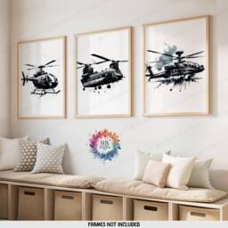 Black Helicopter Prints - Set Of 3 - Boys Bedroom Decor Aircraft Wall Art Watercolor Style Kids Nursery Poster Aviation Gifts - thumbnail 2