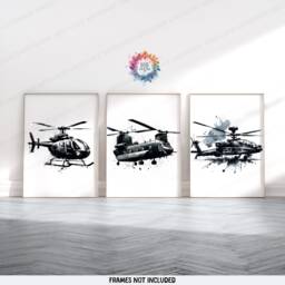 Black Helicopter Prints - Set Of 3 - Boys Bedroom Decor Aircraft Wall Art Watercolor Style Kids Nursery Poster Aviation Gifts - thumbnail 1