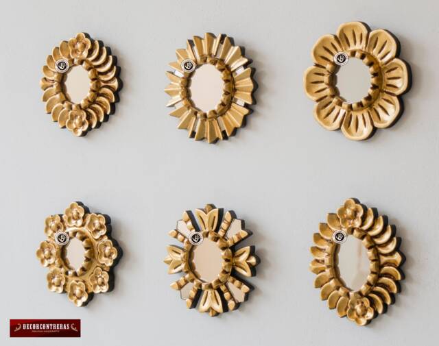 "Small Sunburst Mirror Set 6 ""Gold Sun"", Handmade Round Mirror Wall 6" - image 1