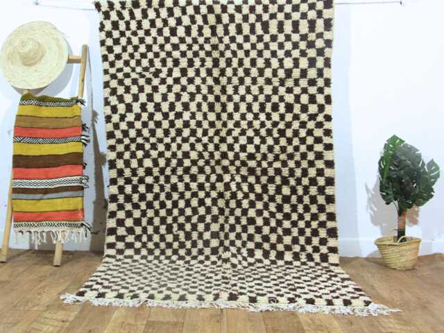 Handmade Brown Checkered Wool Rug Moroccan Berber Area Rug - image 1
