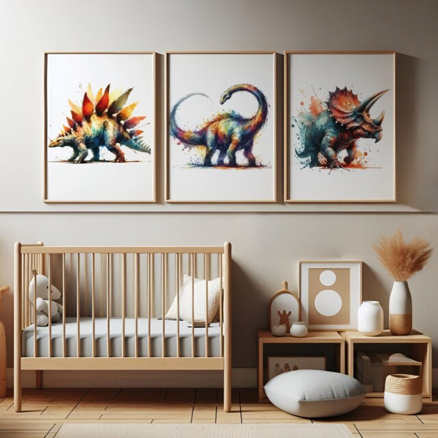 Watercolour Dinosaur Poster Set - 3 Prints - Nursery, Bedroom Wall Art Kids Dino Decor Childrens Kid Playroom Artwork Print - image 1