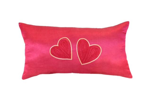 Gift Of Hearts, Twin Hearts Pink Hand-Embroidered Silk Suzani Pillow Cover - image 1