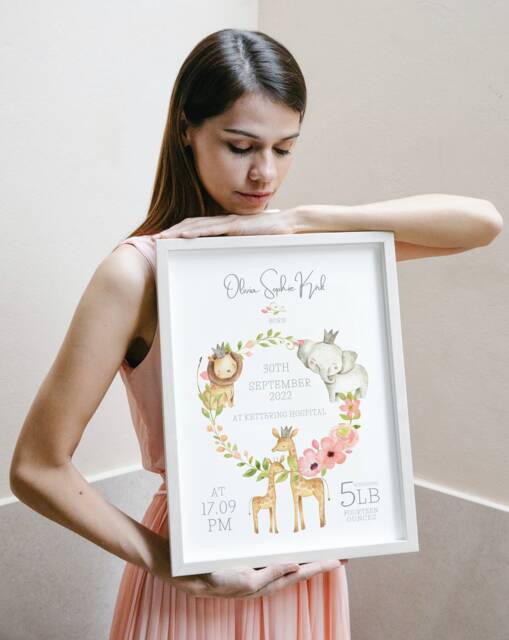 Personalised Pink Safari Animals Print, Including Birth Details, New Baby Gift, Featuring Elephants, Giraffes & Lions, Baby Gift, Nursery - image 1