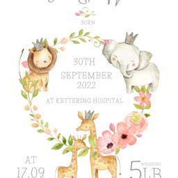 Personalised Pink Safari Animals Print, Including Birth Details, New Baby Gift, Featuring Elephants, Giraffes & Lions, Baby Gift, Nursery - thumbnail 2