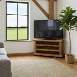Handmade Solid Wood Corner Tv Stand, Rustic Media Console With Shelves - thumbnail 2