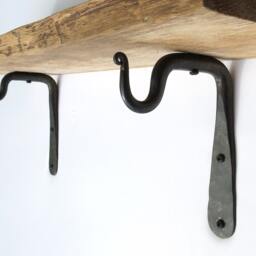 2 Mini Shelf Brackets, Wrought Iron Hooks, Kitchen Utensil Mug Spice, S Rod Pole Rack, Wood Glass Holder Wall Hanger, Blacksmith Hand Forged - thumbnail 2