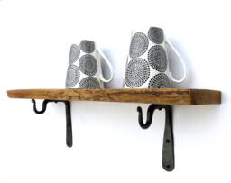2 Mini Shelf Brackets, Wrought Iron Hooks, Kitchen Utensil Mug Spice, S Rod Pole Rack, Wood Glass Holder Wall Hanger, Blacksmith Hand Forged - thumbnail 1