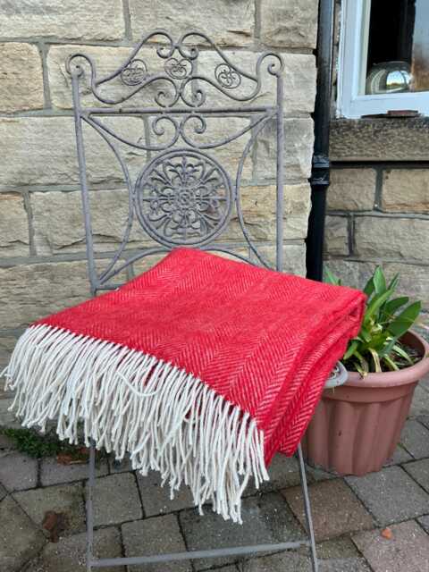 Red Herringbone Shetland Wool Blanket - Cream Fringe, Made in England - image 1